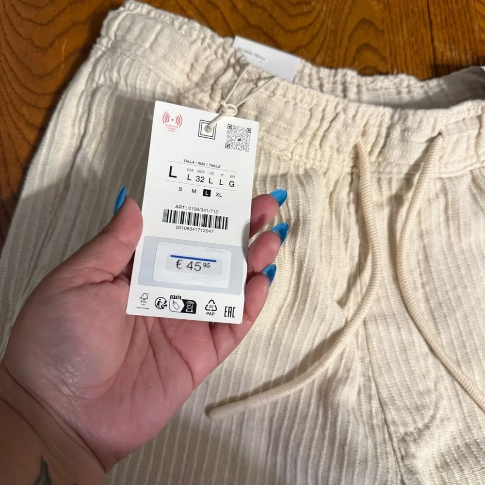 Zara Man Textured Cotton Relaxed Fit Drawstring Pants in Cream Sz L NWT Resort